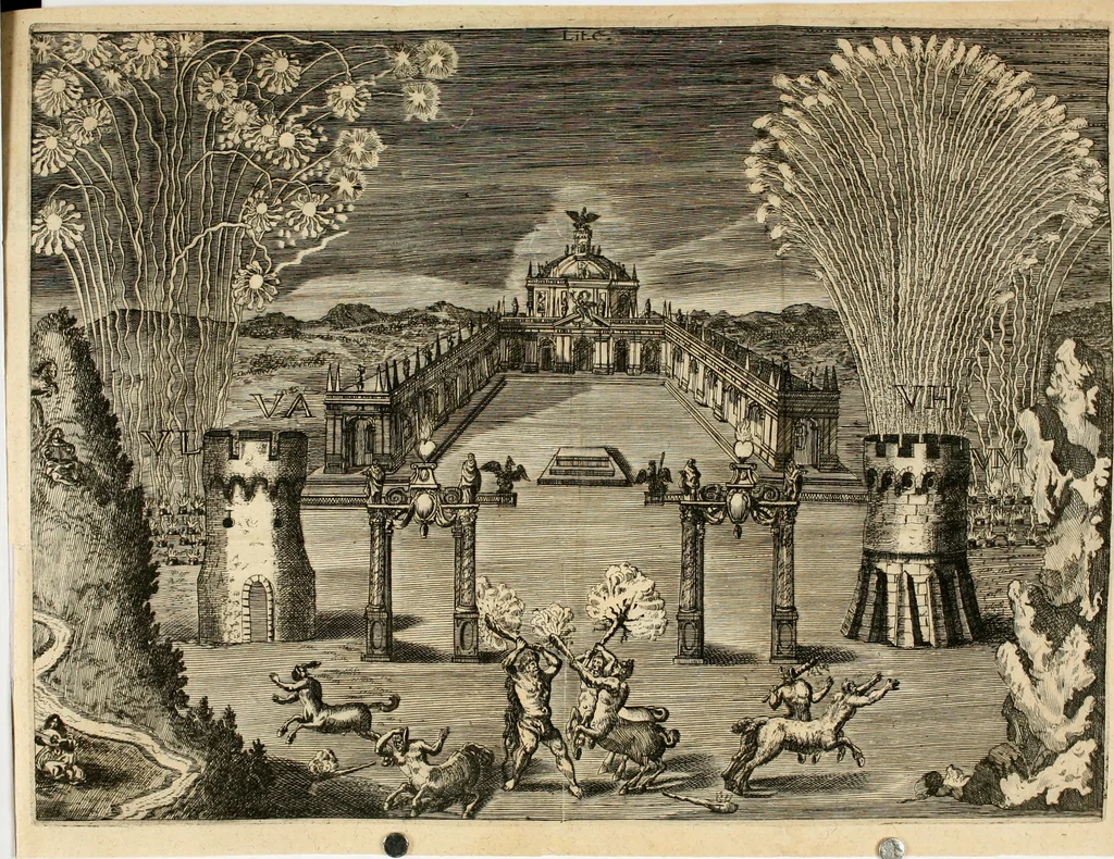 An illustration from Von Himmeln entzündete und, durch allgemeinen Zuruff der Erde, sich himmelwerts erschwingende Frolockungs-Flammen zu höchstfeyerlichster Begängnüss dess hochzeitlichen Beylagers, bey der allerdurchleuchtigsten Majestäten Leopoldi I. Römischen Kaysers ... und Margaritae geborner Infantin von Hispanien ... : vollzogen am Fest der Empfängnüss Mariae den 8. Decemb. st. n. 1666 dess Abends, nächst vor der Kayserl. Burg, ausserhalb der Statt Wien, an dem Graben, und der neben selbigem Thor, daran gelegnen Pastey : auffs deutlichste beschrieben, und mit unterschiedlichen zum Werck dienenden Kupfferstücken gezieret und gedruckt, 1667, leaf 21