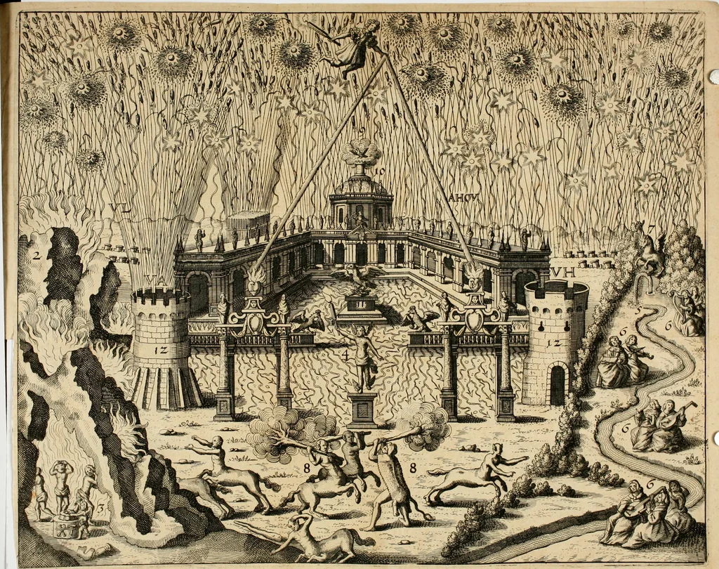 An illustration from Von Himmeln entzündete und, durch allgemeinen Zuruff der Erde, sich himmelwerts erschwingende Frolockungs-Flammen zu höchstfeyerlichster Begängnüss dess hochzeitlichen Beylagers, bey der allerdurchleuchtigsten Majestäten Leopoldi I. Römischen Kaysers ... und Margaritae geborner Infantin von Hispanien ... : vollzogen am Fest der Empfängnüss Mariae den 8. Decemb. st. n. 1666 dess Abends, nächst vor der Kayserl. Burg, ausserhalb der Statt Wien, an dem Graben, und der neben selbigem Thor, daran gelegnen Pastey : auffs deutlichste beschrieben, und mit unterschiedlichen zum Werck dienenden Kupfferstücken gezieret und gedruckt, 1667, leaf 29