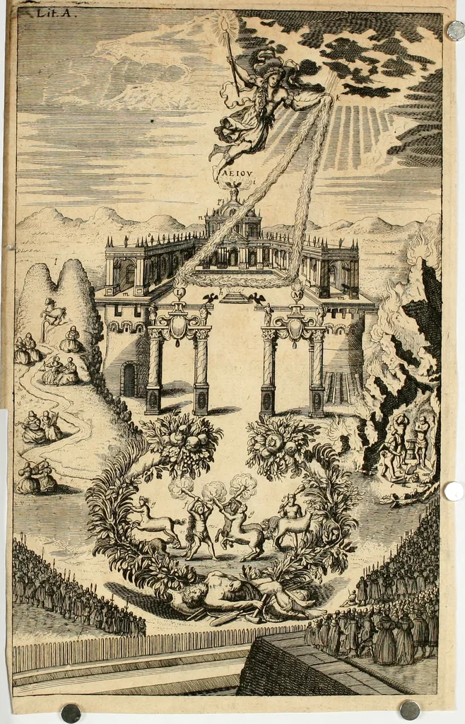 An illustration from Von Himmeln entzündete und, durch allgemeinen Zuruff der Erde, sich himmelwerts erschwingende Frolockungs-Flammen zu höchstfeyerlichster Begängnüss dess hochzeitlichen Beylagers, bey der allerdurchleuchtigsten Majestäten Leopoldi I. Römischen Kaysers ... und Margaritae geborner Infantin von Hispanien ... : vollzogen am Fest der Empfängnüss Mariae den 8. Decemb. st. n. 1666 dess Abends, nächst vor der Kayserl. Burg, ausserhalb der Statt Wien, an dem Graben, und der neben selbigem Thor, daran gelegnen Pastey : auffs deutlichste beschrieben, und mit unterschiedlichen zum Werck dienenden Kupfferstücken gezieret und gedruckt, 1667, leaf 9