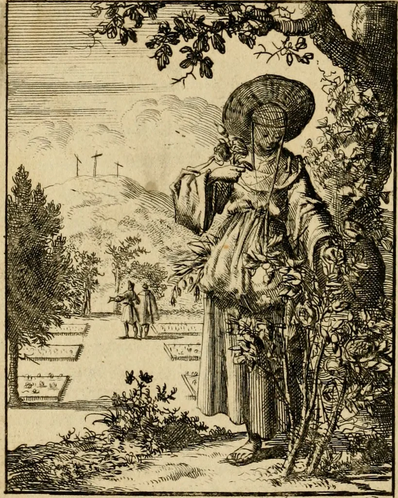 An illustration from Vonken der liefde Jezus, van het God-begeerende zielen-vuur : zynde bloempjes der zalige hoop, tot verheugelykheid der wandelaars, langs den weg, na vreden-ryk : een behelzing van vyftig zinne-beelden, met hunne daar op speelende, verzen, en heilige spreuken, 1717, leaf 107