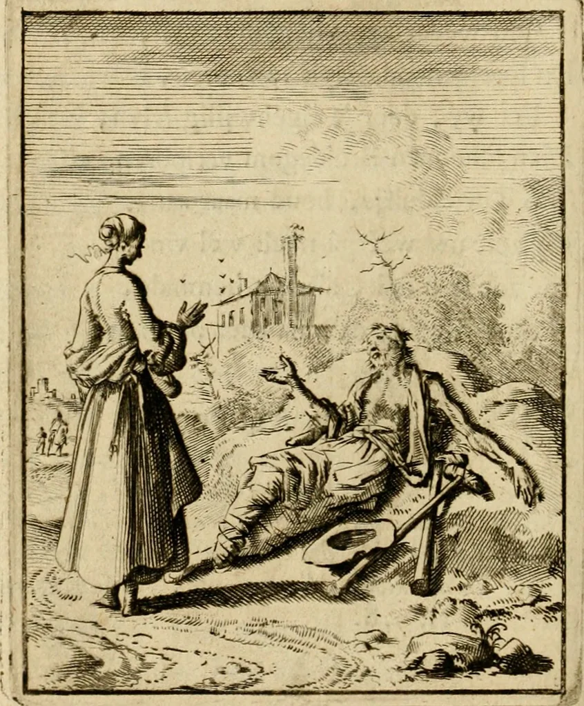 An illustration from Vonken der liefde Jezus, van het God-begeerende zielen-vuur : zynde bloempjes der zalige hoop, tot verheugelykheid der wandelaars, langs den weg, na vreden-ryk : een behelzing van vyftig zinne-beelden, met hunne daar op speelende, verzen, en heilige spreuken, 1717, leaf 125