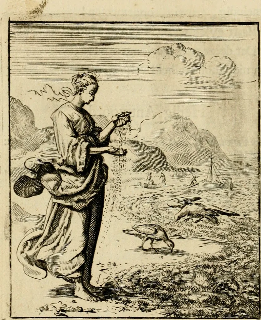An illustration from Vonken der liefde Jezus, van het God-begeerende zielen-vuur : zynde bloempjes der zalige hoop, tot verheugelykheid der wandelaars, langs den weg, na vreden-ryk : een behelzing van vyftig zinne-beelden, met hunne daar op speelende, verzen, en heilige spreuken, 1717, leaf 137