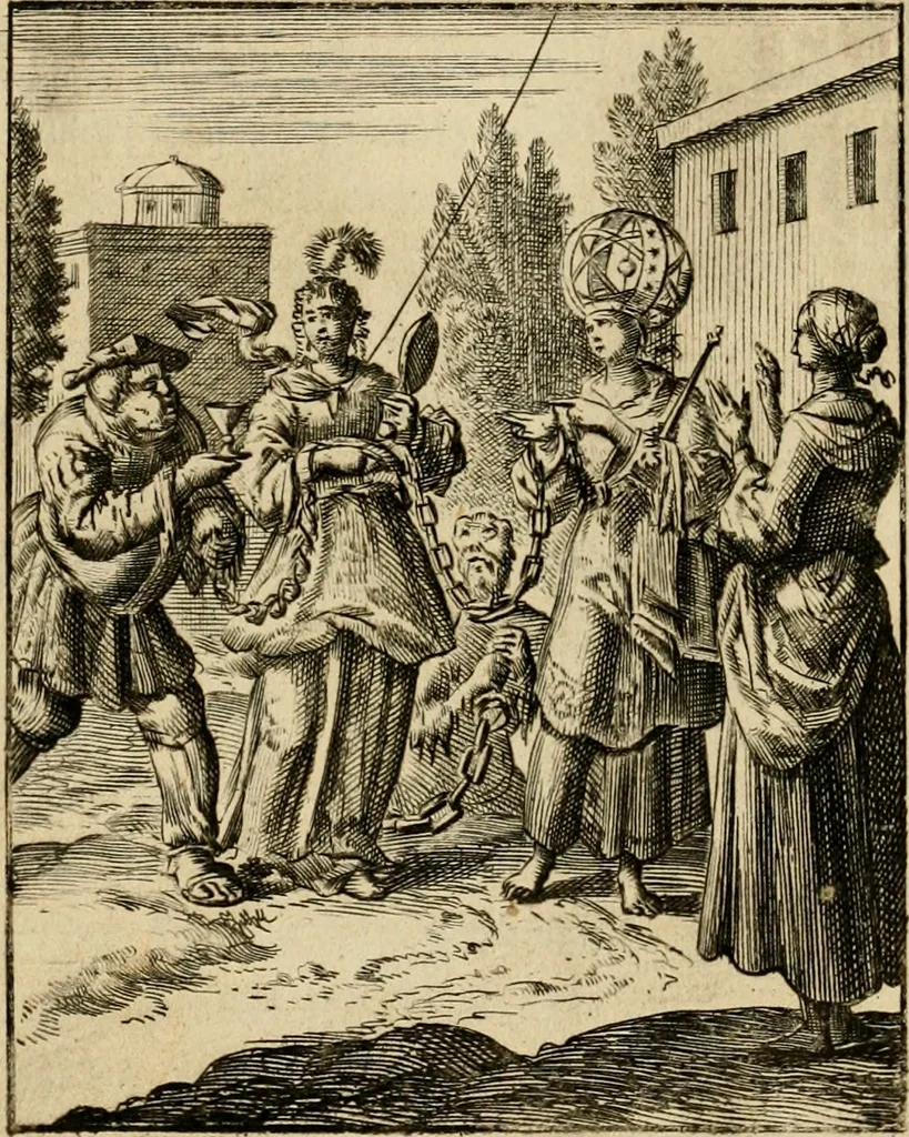 An illustration from Vonken der liefde Jezus, van het God-begeerende zielen-vuur : zynde bloempjes der zalige hoop, tot verheugelykheid der wandelaars, langs den weg, na vreden-ryk : een behelzing van vyftig zinne-beelden, met hunne daar op speelende, verzen, en heilige spreuken, 1717, leaf 147