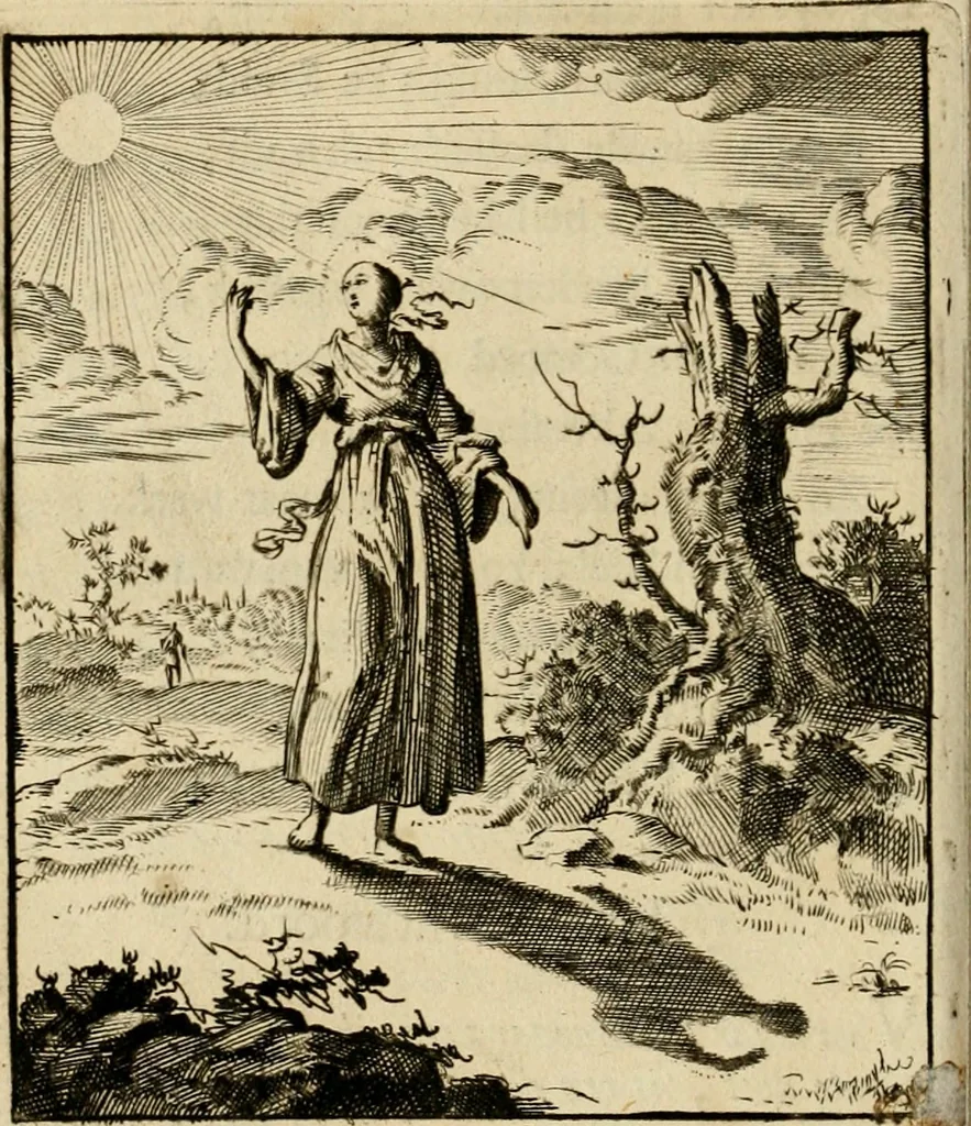 An illustration from Vonken der liefde Jezus, van het God-begeerende zielen-vuur : zynde bloempjes der zalige hoop, tot verheugelykheid der wandelaars, langs den weg, na vreden-ryk : een behelzing van vyftig zinne-beelden, met hunne daar op speelende, verzen, en heilige spreuken, 1717, leaf 151