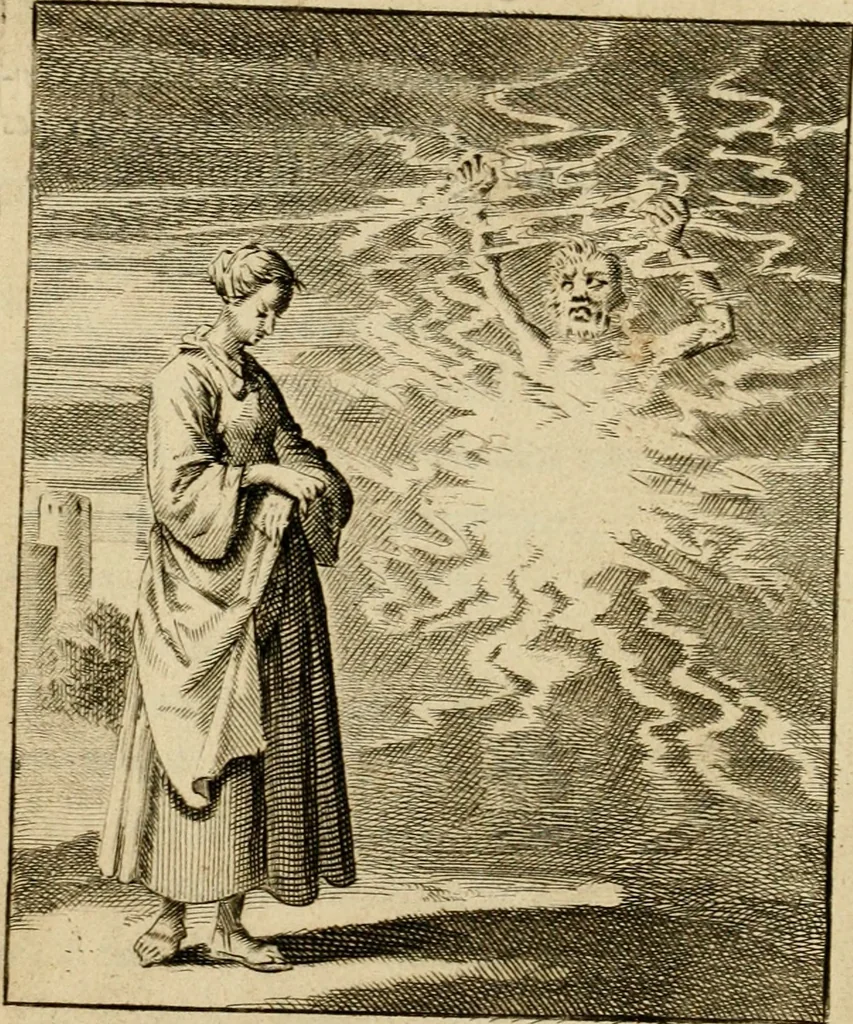 An illustration from Vonken der liefde Jezus, van het God-begeerende zielen-vuur : zynde bloempjes der zalige hoop, tot verheugelykheid der wandelaars, langs den weg, na vreden-ryk : een behelzing van vyftig zinne-beelden, met hunne daar op speelende, verzen, en heilige spreuken, 1717, leaf 171