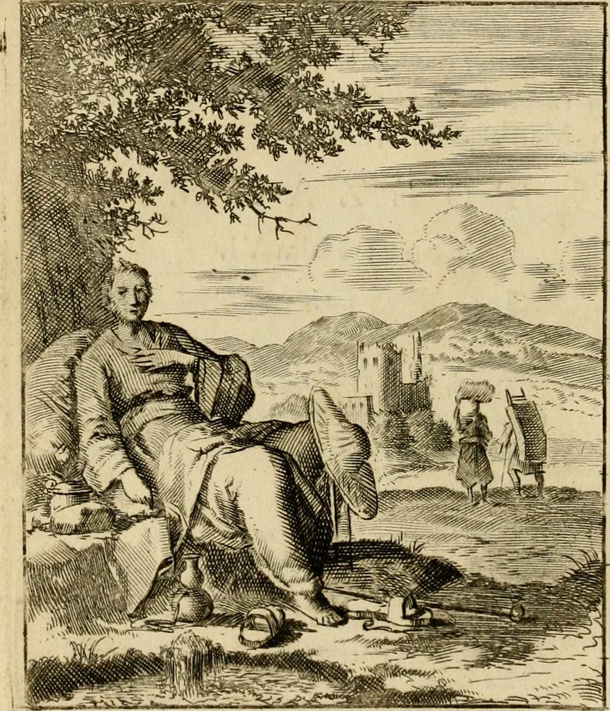 An illustration from Vonken der liefde Jezus, van het God-begeerende zielen-vuur : zynde bloempjes der zalige hoop, tot verheugelykheid der wandelaars, langs den weg, na vreden-ryk : een behelzing van vyftig zinne-beelden, met hunne daar op speelende, verzen, en heilige spreuken, 1717, leaf 179