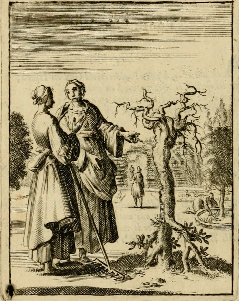 An illustration from Vonken der liefde Jezus, van het God-begeerende zielen-vuur : zynde bloempjes der zalige hoop, tot verheugelykheid der wandelaars, langs den weg, na vreden-ryk : een behelzing van vyftig zinne-beelden, met hunne daar op speelende, verzen, en heilige spreuken, 1717, leaf 201