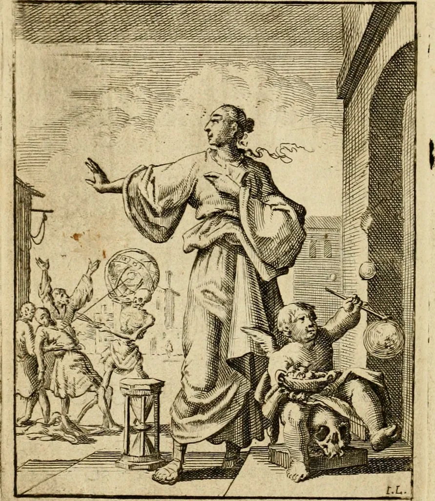 An illustration from Vonken der liefde Jezus, van het God-begeerende zielen-vuur : zynde bloempjes der zalige hoop, tot verheugelykheid der wandelaars, langs den weg, na vreden-ryk : een behelzing van vyftig zinne-beelden, met hunne daar op speelende, verzen, en heilige spreuken, 1717, leaf 21