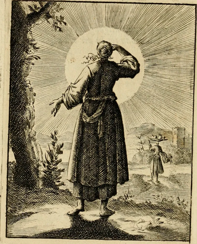An illustration from Vonken der liefde Jezus, van het God-begeerende zielen-vuur : zynde bloempjes der zalige hoop, tot verheugelykheid der wandelaars, langs den weg, na vreden-ryk : een behelzing van vyftig zinne-beelden, met hunne daar op speelende, verzen, en heilige spreuken, 1717, leaf 217