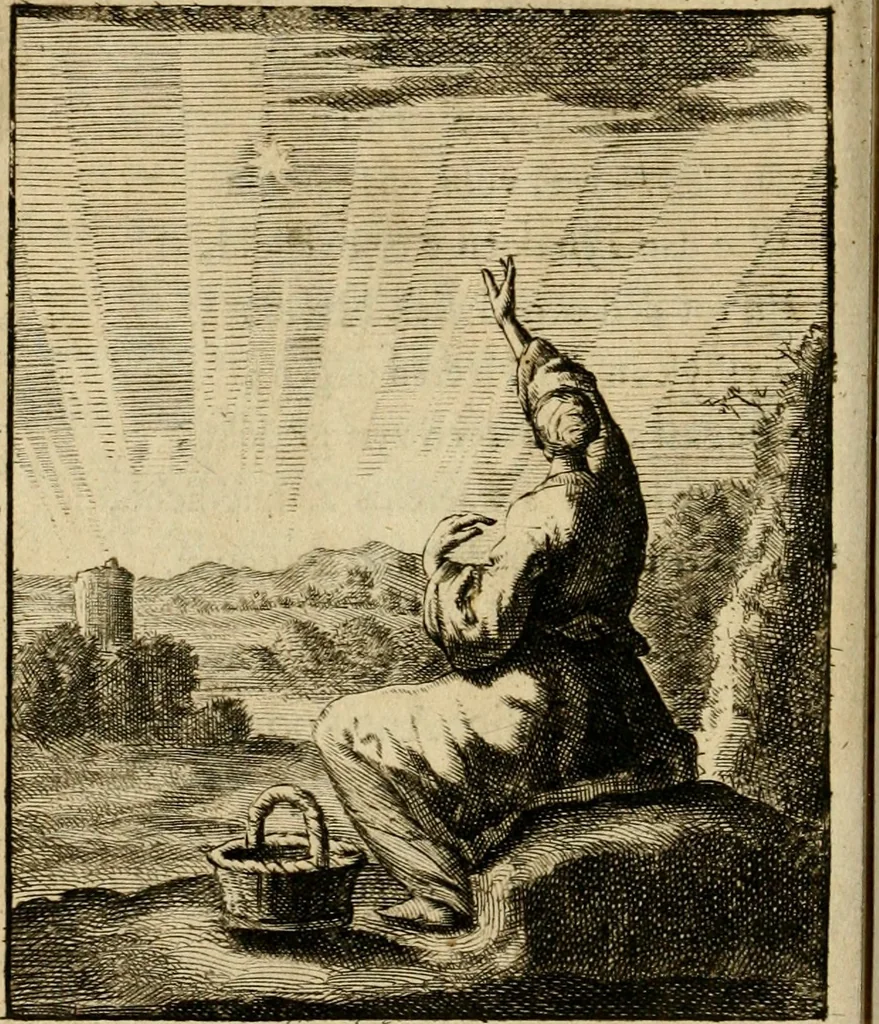 An illustration from Vonken der liefde Jezus, van het God-begeerende zielen-vuur : zynde bloempjes der zalige hoop, tot verheugelykheid der wandelaars, langs den weg, na vreden-ryk : een behelzing van vyftig zinne-beelden, met hunne daar op speelende, verzen, en heilige spreuken, 1717, leaf 229