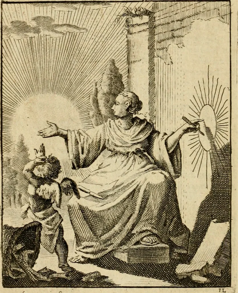 An illustration from Vonken der liefde Jezus, van het God-begeerende zielen-vuur : zynde bloempjes der zalige hoop, tot verheugelykheid der wandelaars, langs den weg, na vreden-ryk : een behelzing van vyftig zinne-beelden, met hunne daar op speelende, verzen, en heilige spreuken, 1717, leaf 37