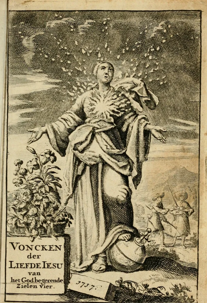 An illustration from Vonken der liefde Jezus, van het God-begeerende zielen-vuur : zynde bloempjes der zalige hoop, tot verheugelykheid der wandelaars, langs den weg, na vreden-ryk : een behelzing van vyftig zinne-beelden, met hunne daar op speelende, verzen, en heilige spreuken, 1717, leaf 4