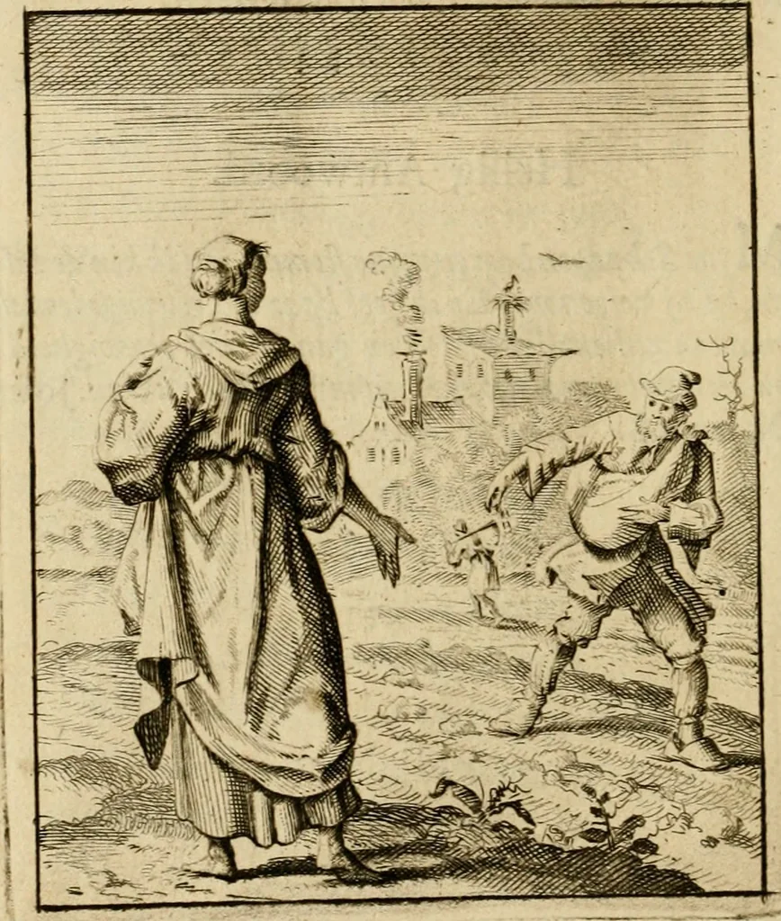 An illustration from Vonken der liefde Jezus, van het God-begeerende zielen-vuur : zynde bloempjes der zalige hoop, tot verheugelykheid der wandelaars, langs den weg, na vreden-ryk : een behelzing van vyftig zinne-beelden, met hunne daar op speelende, verzen, en heilige spreuken, 1717, leaf 61