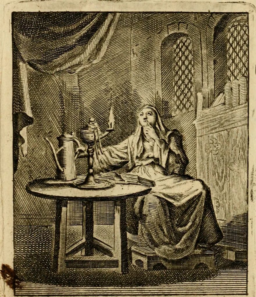 An illustration from Vonken der liefde Jezus, van het God-begeerende zielen-vuur : zynde bloempjes der zalige hoop, tot verheugelykheid der wandelaars, langs den weg, na vreden-ryk : een behelzing van vyftig zinne-beelden, met hunne daar op speelende, verzen, en heilige spreuken, 1717, leaf 65