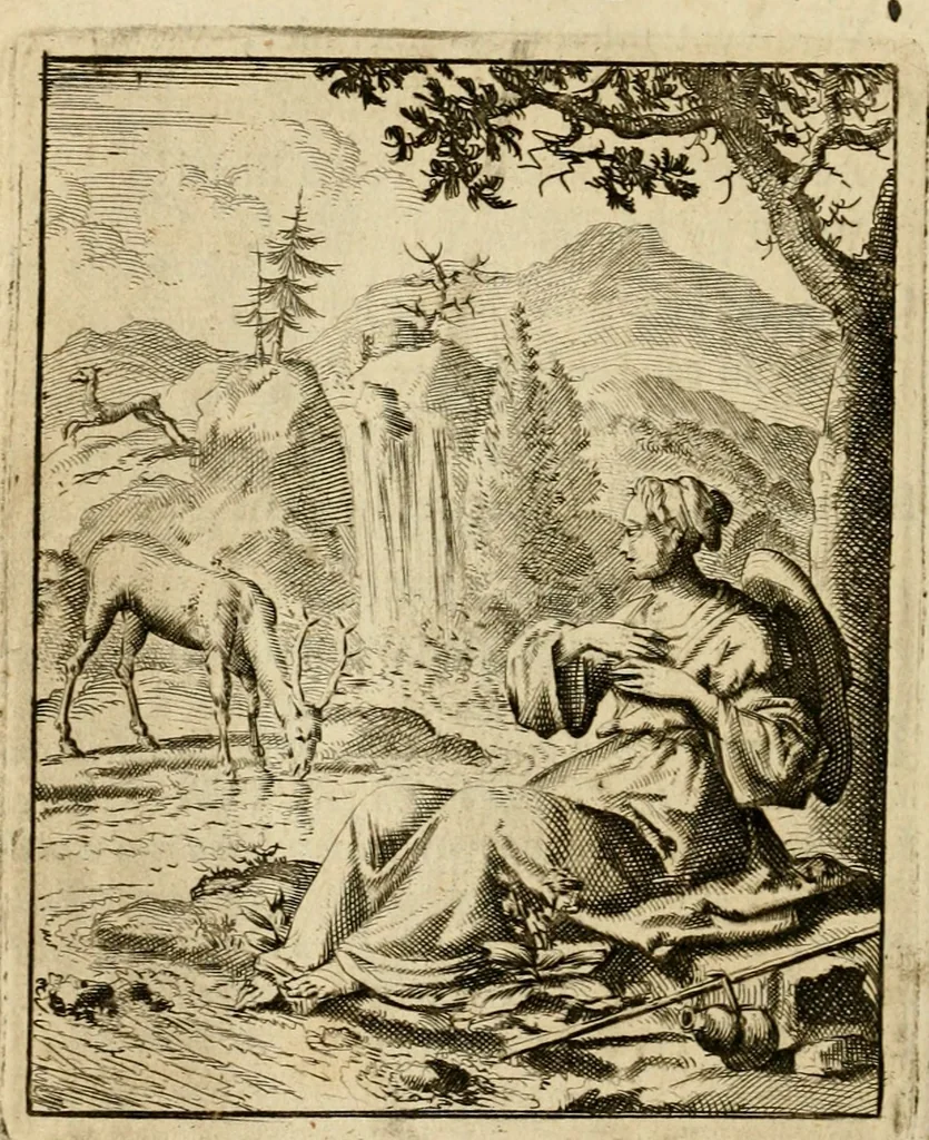 An illustration from Vonken der liefde Jezus, van het God-begeerende zielen-vuur : zynde bloempjes der zalige hoop, tot verheugelykheid der wandelaars, langs den weg, na vreden-ryk : een behelzing van vyftig zinne-beelden, met hunne daar op speelende, verzen, en heilige spreuken, 1717, leaf 69