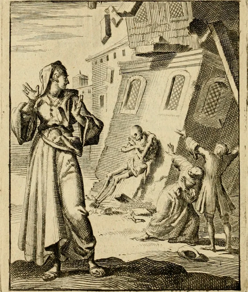 An illustration from Vonken der liefde Jezus, van het God-begeerende zielen-vuur : zynde bloempjes der zalige hoop, tot verheugelykheid der wandelaars, langs den weg, na vreden-ryk : een behelzing van vyftig zinne-beelden, met hunne daar op speelende, verzen, en heilige spreuken, 1717, leaf 77