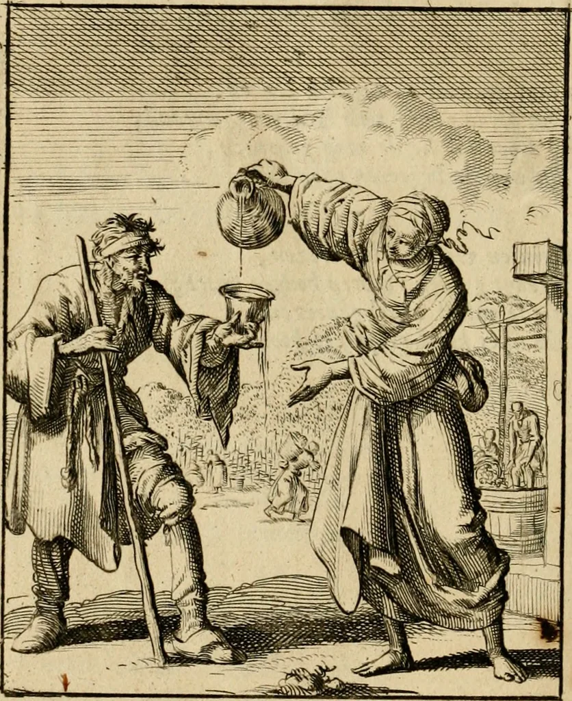 An illustration from Vonken der liefde Jezus, van het God-begeerende zielen-vuur : zynde bloempjes der zalige hoop, tot verheugelykheid der wandelaars, langs den weg, na vreden-ryk : een behelzing van vyftig zinne-beelden, met hunne daar op speelende, verzen, en heilige spreuken, 1717, leaf 87