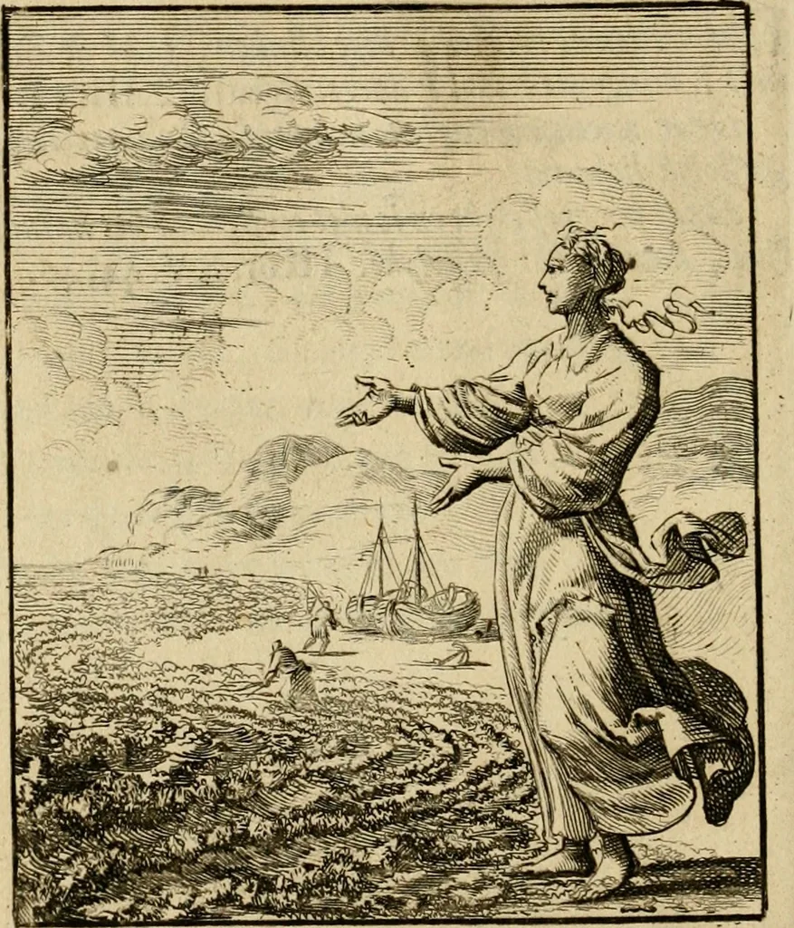 An illustration from Vonken der liefde Jezus, van het God-begeerende zielen-vuur : zynde bloempjes der zalige hoop, tot verheugelykheid der wandelaars, langs den weg, na vreden-ryk : een behelzing van vyftig zinne-beelden, met hunne daar op speelende, verzen, en heilige spreuken, 1717, leaf 99