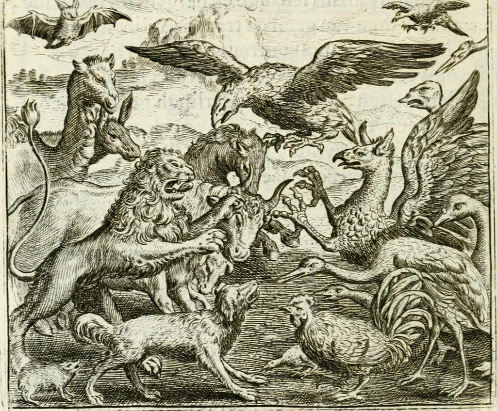 An illustration from Vorstelijcke warande der dieren : waer in de zeden-rijcke philosophie, poëtisch, morael, en historiael, vermakelijck en treffelijck wort voorgestelt : mit exempelen uyt de oude historien, in prose : ende uytleggingen, in rijm verklaert, 1682, leaf 101