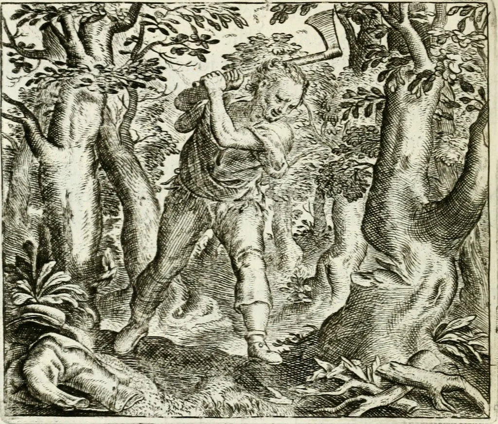 An illustration from Vorstelijcke warande der dieren : waer in de zeden-rijcke philosophie, poëtisch, morael, en historiael, vermakelijck en treffelijck wort voorgestelt : mit exempelen uyt de oude historien, in prose : ende uytleggingen, in rijm verklaert, 1682, leaf 107