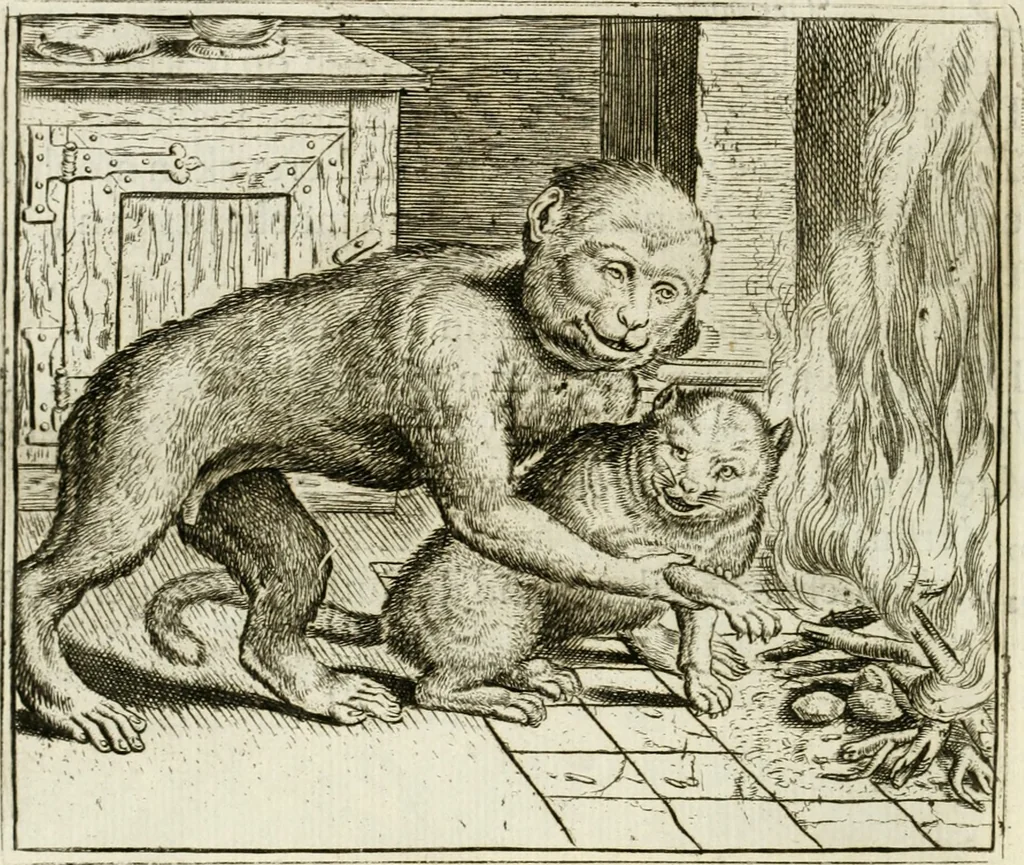 An illustration from Vorstelijcke warande der dieren : waer in de zeden-rijcke philosophie, poëtisch, morael, en historiael, vermakelijck en treffelijck wort voorgestelt : mit exempelen uyt de oude historien, in prose : ende uytleggingen, in rijm verklaert, 1682, leaf 115