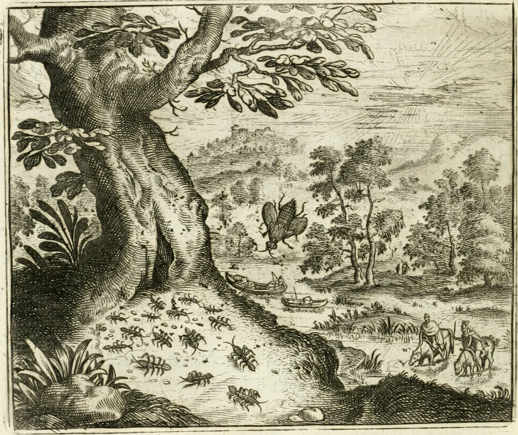An illustration from Vorstelijcke warande der dieren : waer in de zeden-rijcke philosophie, poëtisch, morael, en historiael, vermakelijck en treffelijck wort voorgestelt : mit exempelen uyt de oude historien, in prose : ende uytleggingen, in rijm verklaert, 1682, leaf 127