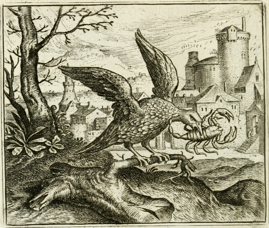 An illustration from Vorstelijcke warande der dieren : waer in de zeden-rijcke philosophie, poëtisch, morael, en historiael, vermakelijck en treffelijck wort voorgestelt : mit exempelen uyt de oude historien, in prose : ende uytleggingen, in rijm verklaert, 1682, leaf 129