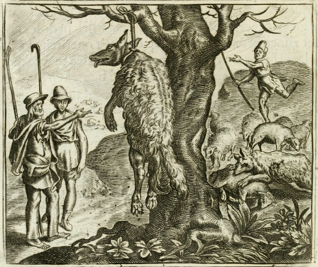 An illustration from Vorstelijcke warande der dieren : waer in de zeden-rijcke philosophie, poëtisch, morael, en historiael, vermakelijck en treffelijck wort voorgestelt : mit exempelen uyt de oude historien, in prose : ende uytleggingen, in rijm verklaert, 1682, leaf 131