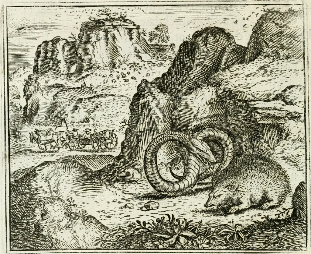An illustration from Vorstelijcke warande der dieren : waer in de zeden-rijcke philosophie, poëtisch, morael, en historiael, vermakelijck en treffelijck wort voorgestelt : mit exempelen uyt de oude historien, in prose : ende uytleggingen, in rijm verklaert, 1682, leaf 135