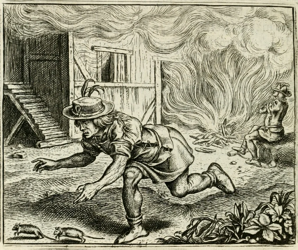 An illustration from Vorstelijcke warande der dieren : waer in de zeden-rijcke philosophie, poëtisch, morael, en historiael, vermakelijck en treffelijck wort voorgestelt : mit exempelen uyt de oude historien, in prose : ende uytleggingen, in rijm verklaert, 1682, leaf 143