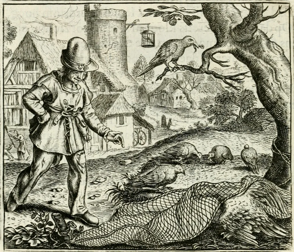 An illustration from Vorstelijcke warande der dieren : waer in de zeden-rijcke philosophie, poëtisch, morael, en historiael, vermakelijck en treffelijck wort voorgestelt : mit exempelen uyt de oude historien, in prose : ende uytleggingen, in rijm verklaert, 1682, leaf 153