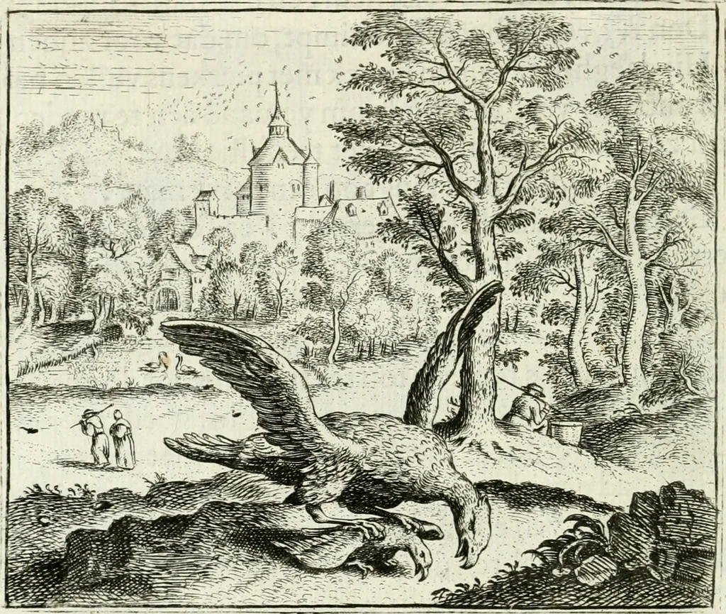 An illustration from Vorstelijcke warande der dieren : waer in de zeden-rijcke philosophie, poëtisch, morael, en historiael, vermakelijck en treffelijck wort voorgestelt : mit exempelen uyt de oude historien, in prose : ende uytleggingen, in rijm verklaert, 1682, leaf 155