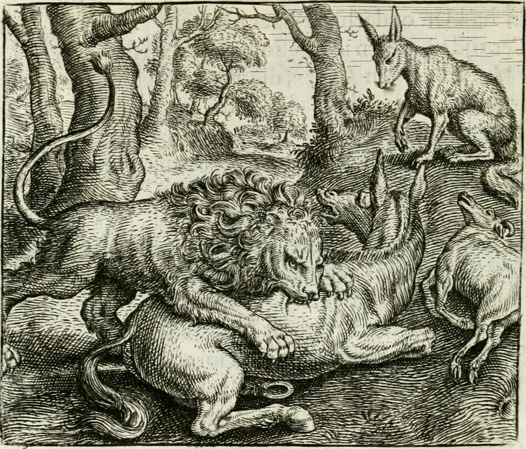 An illustration from Vorstelijcke warande der dieren : waer in de zeden-rijcke philosophie, poëtisch, morael, en historiael, vermakelijck en treffelijck wort voorgestelt : mit exempelen uyt de oude historien, in prose : ende uytleggingen, in rijm verklaert, 1682, leaf 161