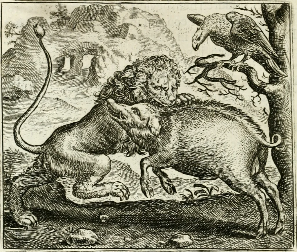 An illustration from Vorstelijcke warande der dieren : waer in de zeden-rijcke philosophie, poëtisch, morael, en historiael, vermakelijck en treffelijck wort voorgestelt : mit exempelen uyt de oude historien, in prose : ende uytleggingen, in rijm verklaert, 1682, leaf 165