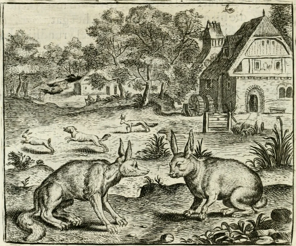 An illustration from Vorstelijcke warande der dieren : waer in de zeden-rijcke philosophie, poëtisch, morael, en historiael, vermakelijck en treffelijck wort voorgestelt : mit exempelen uyt de oude historien, in prose : ende uytleggingen, in rijm verklaert, 1682, leaf 169
