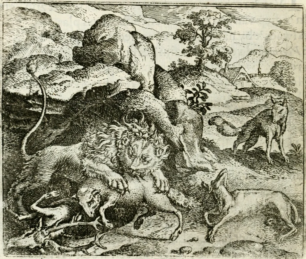 An illustration from Vorstelijcke warande der dieren : waer in de zeden-rijcke philosophie, poëtisch, morael, en historiael, vermakelijck en treffelijck wort voorgestelt : mit exempelen uyt de oude historien, in prose : ende uytleggingen, in rijm verklaert, 1682, leaf 17