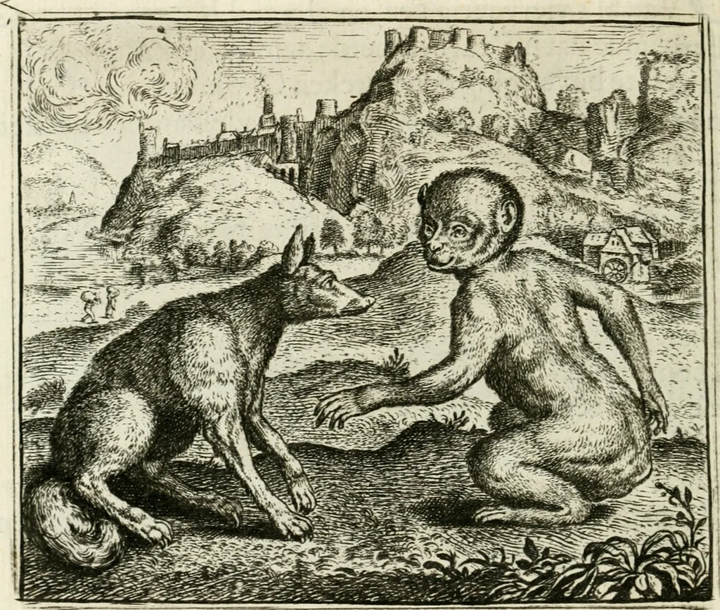 An illustration from Vorstelijcke warande der dieren : waer in de zeden-rijcke philosophie, poëtisch, morael, en historiael, vermakelijck en treffelijck wort voorgestelt : mit exempelen uyt de oude historien, in prose : ende uytleggingen, in rijm verklaert, 1682, leaf 173