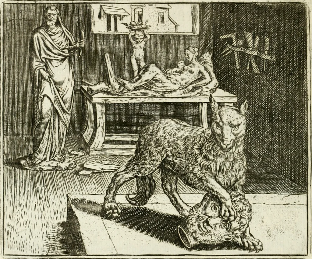 An illustration from Vorstelijcke warande der dieren : waer in de zeden-rijcke philosophie, poëtisch, morael, en historiael, vermakelijck en treffelijck wort voorgestelt : mit exempelen uyt de oude historien, in prose : ende uytleggingen, in rijm verklaert, 1682, leaf 175