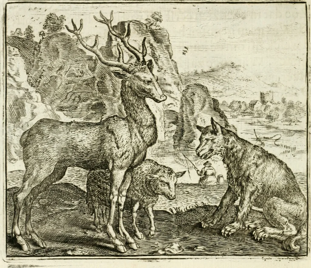 An illustration from Vorstelijcke warande der dieren : waer in de zeden-rijcke philosophie, poëtisch, morael, en historiael, vermakelijck en treffelijck wort voorgestelt : mit exempelen uyt de oude historien, in prose : ende uytleggingen, in rijm verklaert, 1682, leaf 177