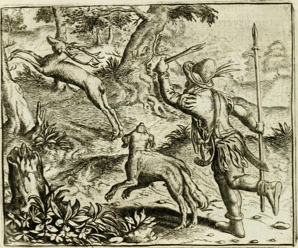 An illustration from Vorstelijcke warande der dieren : waer in de zeden-rijcke philosophie, poëtisch, morael, en historiael, vermakelijck en treffelijck wort voorgestelt : mit exempelen uyt de oude historien, in prose : ende uytleggingen, in rijm verklaert, 1682, leaf 185
