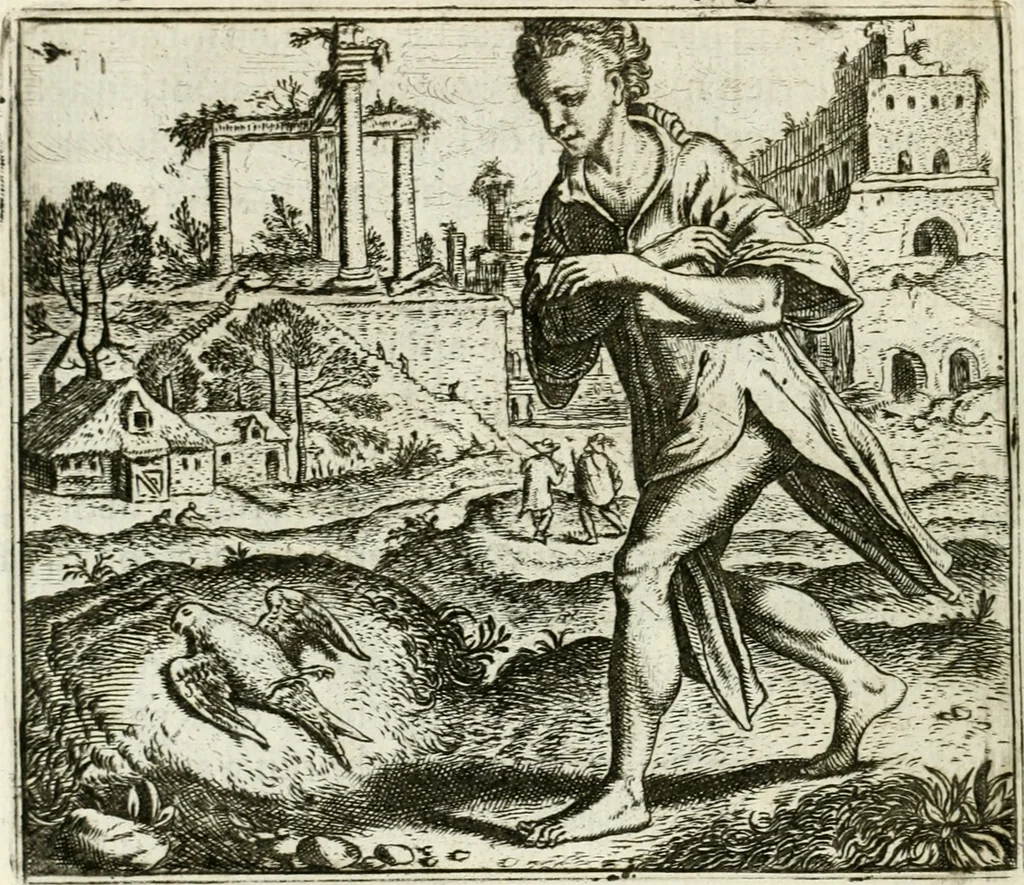 An illustration from Vorstelijcke warande der dieren : waer in de zeden-rijcke philosophie, poëtisch, morael, en historiael, vermakelijck en treffelijck wort voorgestelt : mit exempelen uyt de oude historien, in prose : ende uytleggingen, in rijm verklaert, 1682, leaf 193