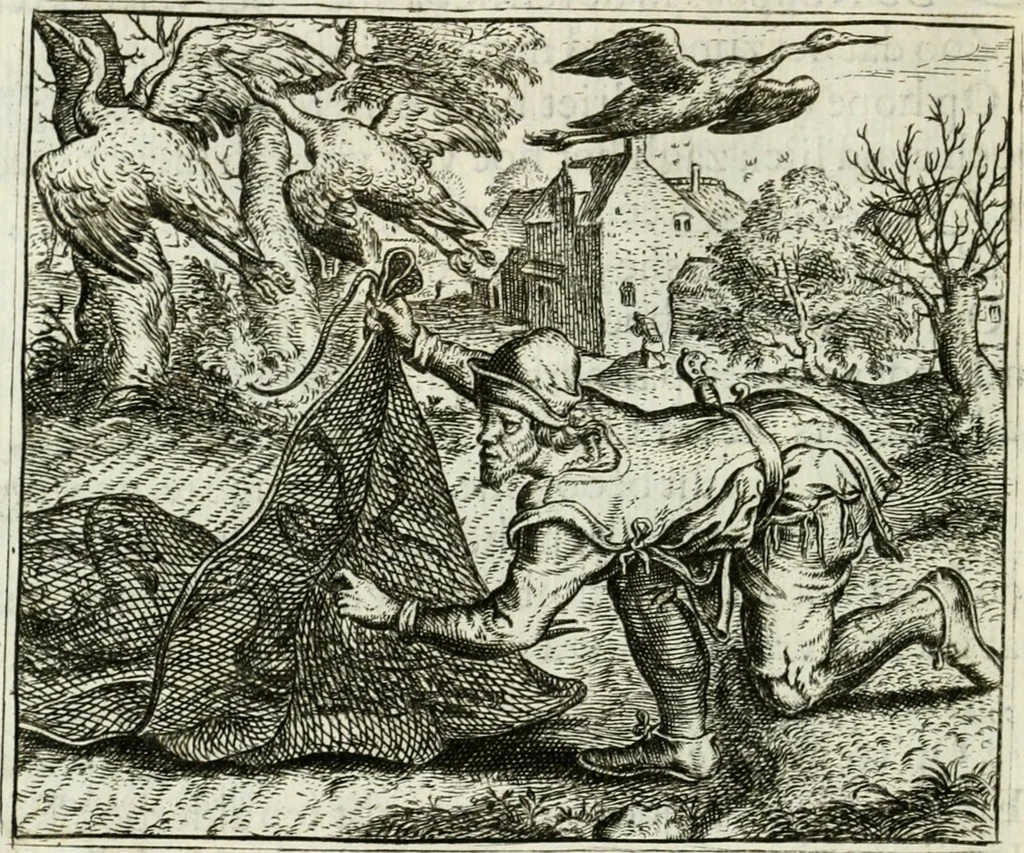 An illustration from Vorstelijcke warande der dieren : waer in de zeden-rijcke philosophie, poëtisch, morael, en historiael, vermakelijck en treffelijck wort voorgestelt : mit exempelen uyt de oude historien, in prose : ende uytleggingen, in rijm verklaert, 1682, leaf 199