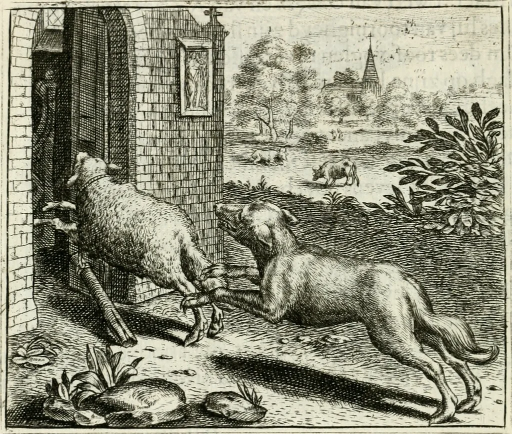 An illustration from Vorstelijcke warande der dieren : waer in de zeden-rijcke philosophie, poëtisch, morael, en historiael, vermakelijck en treffelijck wort voorgestelt : mit exempelen uyt de oude historien, in prose : ende uytleggingen, in rijm verklaert, 1682, leaf 201