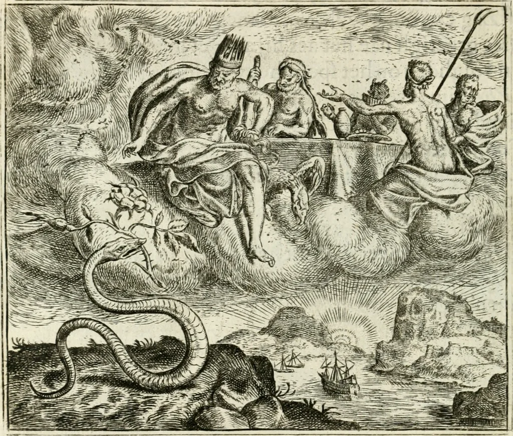 An illustration from Vorstelijcke warande der dieren : waer in de zeden-rijcke philosophie, poëtisch, morael, en historiael, vermakelijck en treffelijck wort voorgestelt : mit exempelen uyt de oude historien, in prose : ende uytleggingen, in rijm verklaert, 1682, leaf 203