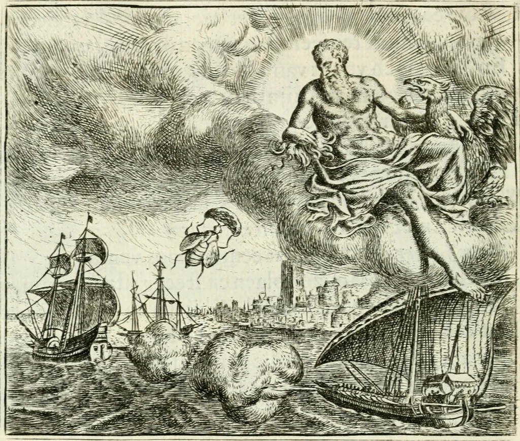 An illustration from Vorstelijcke warande der dieren : waer in de zeden-rijcke philosophie, poëtisch, morael, en historiael, vermakelijck en treffelijck wort voorgestelt : mit exempelen uyt de oude historien, in prose : ende uytleggingen, in rijm verklaert, 1682, leaf 205