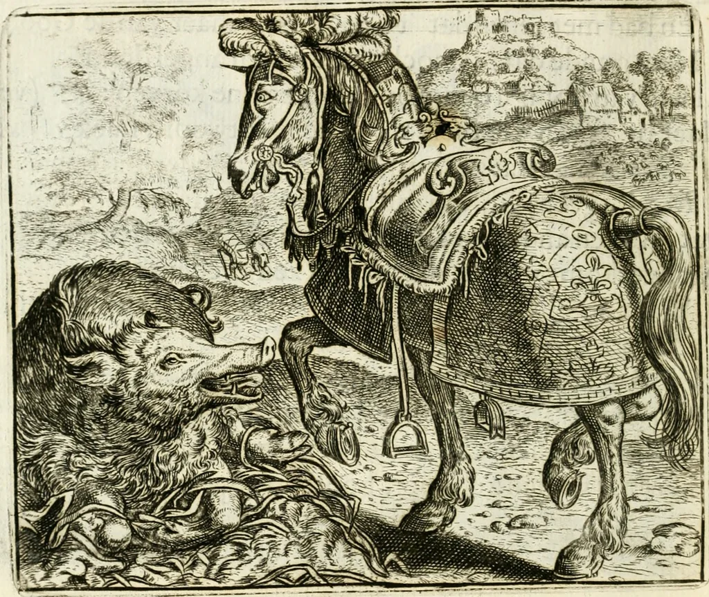 An illustration from Vorstelijcke warande der dieren : waer in de zeden-rijcke philosophie, poëtisch, morael, en historiael, vermakelijck en treffelijck wort voorgestelt : mit exempelen uyt de oude historien, in prose : ende uytleggingen, in rijm verklaert, 1682, leaf 207