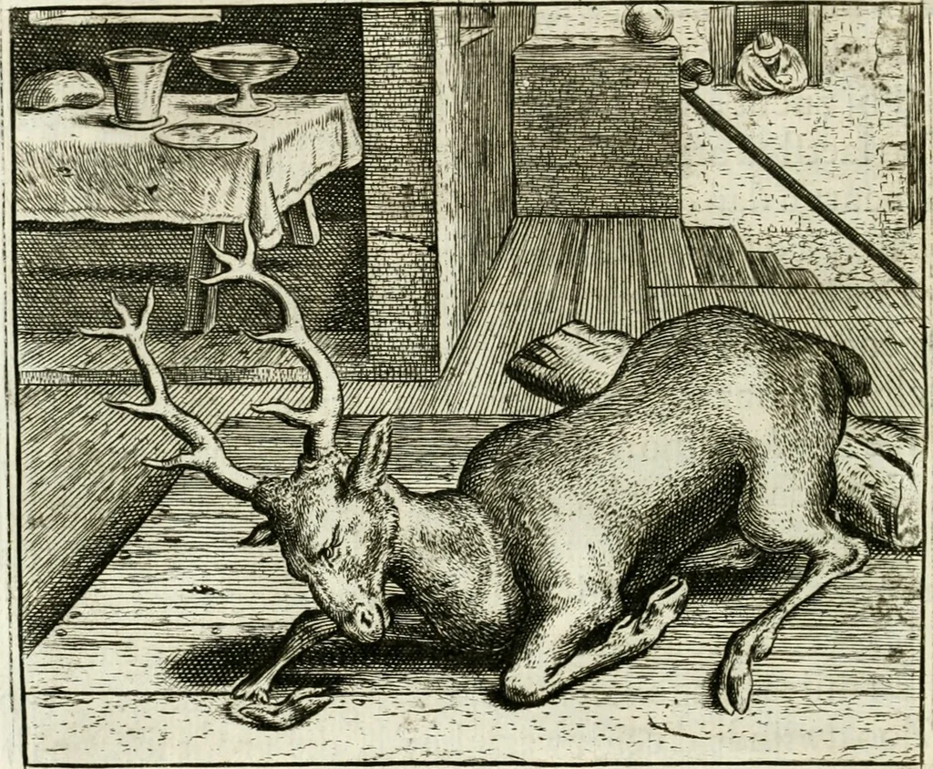 An illustration from Vorstelijcke warande der dieren : waer in de zeden-rijcke philosophie, poëtisch, morael, en historiael, vermakelijck en treffelijck wort voorgestelt : mit exempelen uyt de oude historien, in prose : ende uytleggingen, in rijm verklaert, 1682, leaf 217