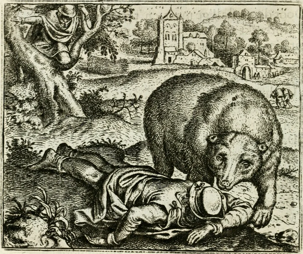 An illustration from Vorstelijcke warande der dieren : waer in de zeden-rijcke philosophie, poëtisch, morael, en historiael, vermakelijck en treffelijck wort voorgestelt : mit exempelen uyt de oude historien, in prose : ende uytleggingen, in rijm verklaert, 1682, leaf 219