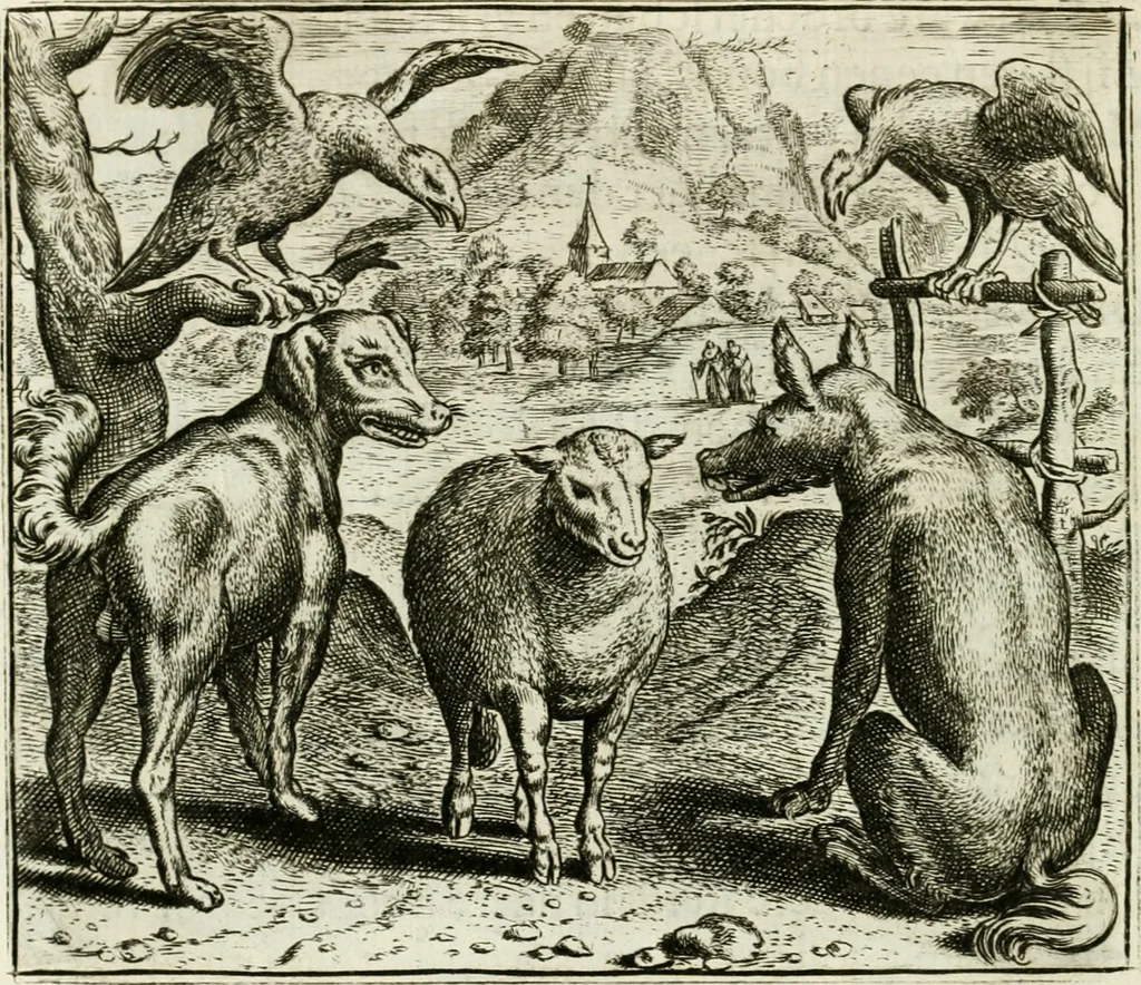 An illustration from Vorstelijcke warande der dieren : waer in de zeden-rijcke philosophie, poëtisch, morael, en historiael, vermakelijck en treffelijck wort voorgestelt : mit exempelen uyt de oude historien, in prose : ende uytleggingen, in rijm verklaert, 1682, leaf 221