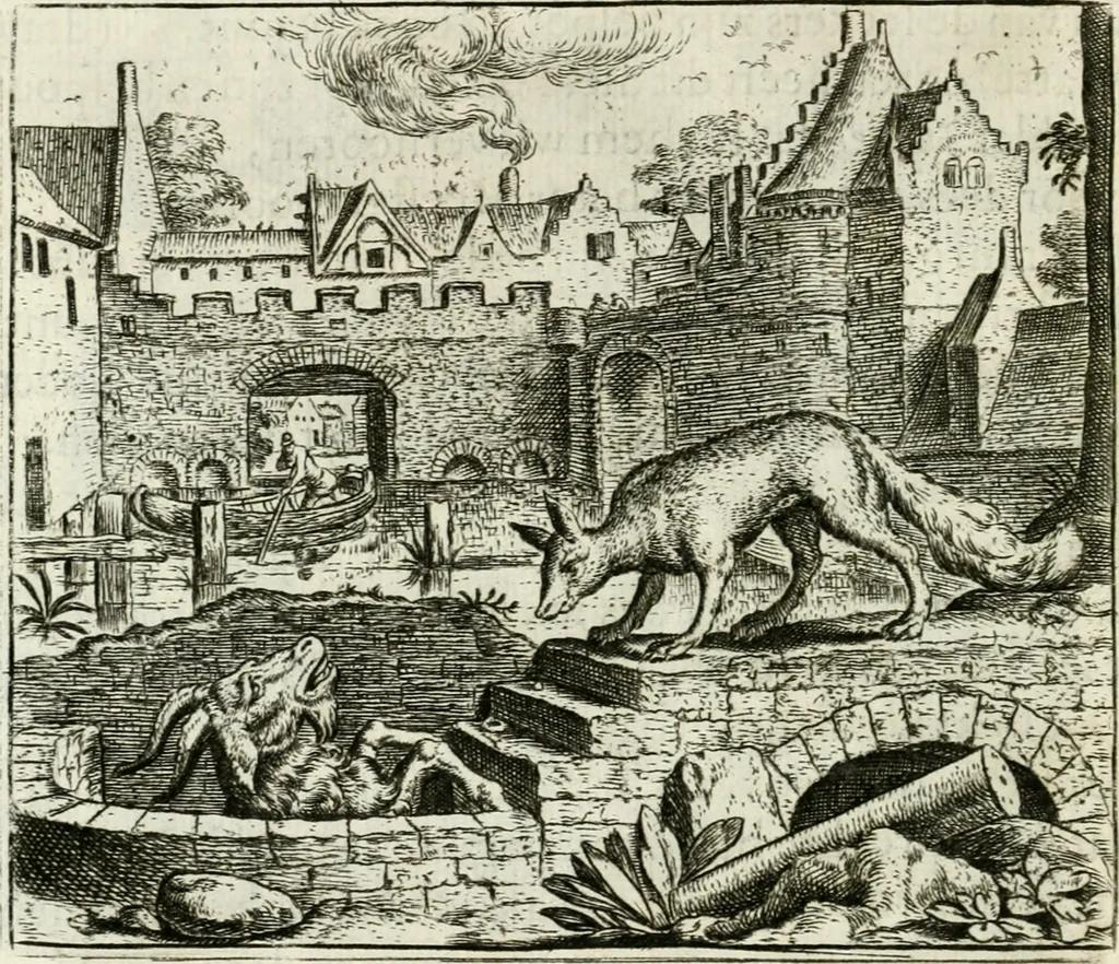 An illustration from Vorstelijcke warande der dieren : waer in de zeden-rijcke philosophie, poëtisch, morael, en historiael, vermakelijck en treffelijck wort voorgestelt : mit exempelen uyt de oude historien, in prose : ende uytleggingen, in rijm verklaert, 1682, leaf 225